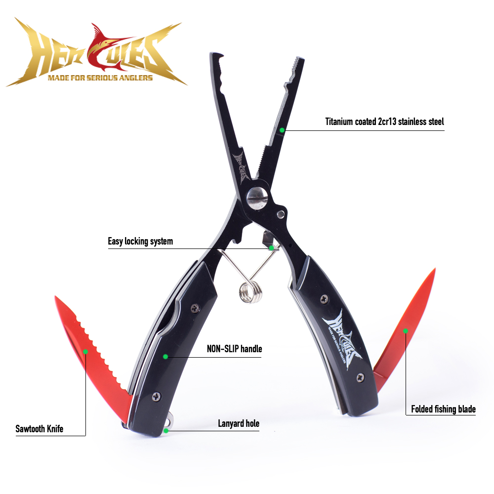 Fishing Hook Sharpener - HERCULES フィッシングプライヤー（シースとランヤード付き）フックリムーバーとカッター、折りたたみ式マルチツール（6.5インチ）